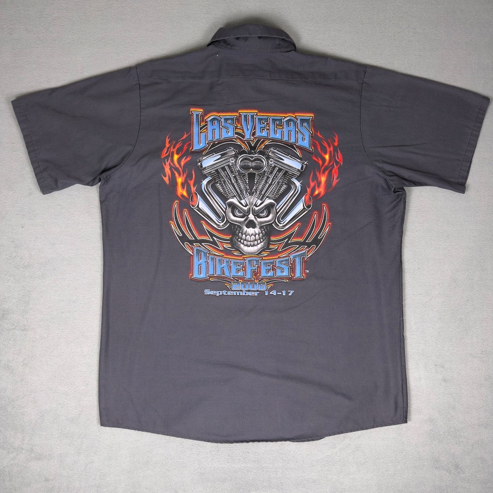 Vintage 2006 Red Kap Las Vegas Bikefest Work Shirt Gray Skull Biker Mens L